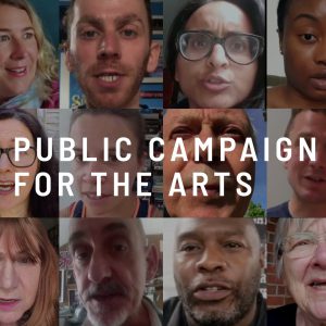 Public campaign for the arts logo. An grid of images of individuals talking behind white text that reads Public Campaign For The Arts.