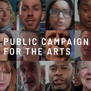 Public campaign for the arts logo. An grid of images of individuals talking behind white text that reads Public Campaign For The Arts.