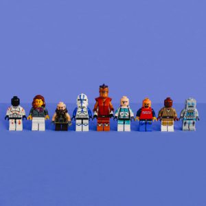 Image of different lego characters in front of a purple backdrop